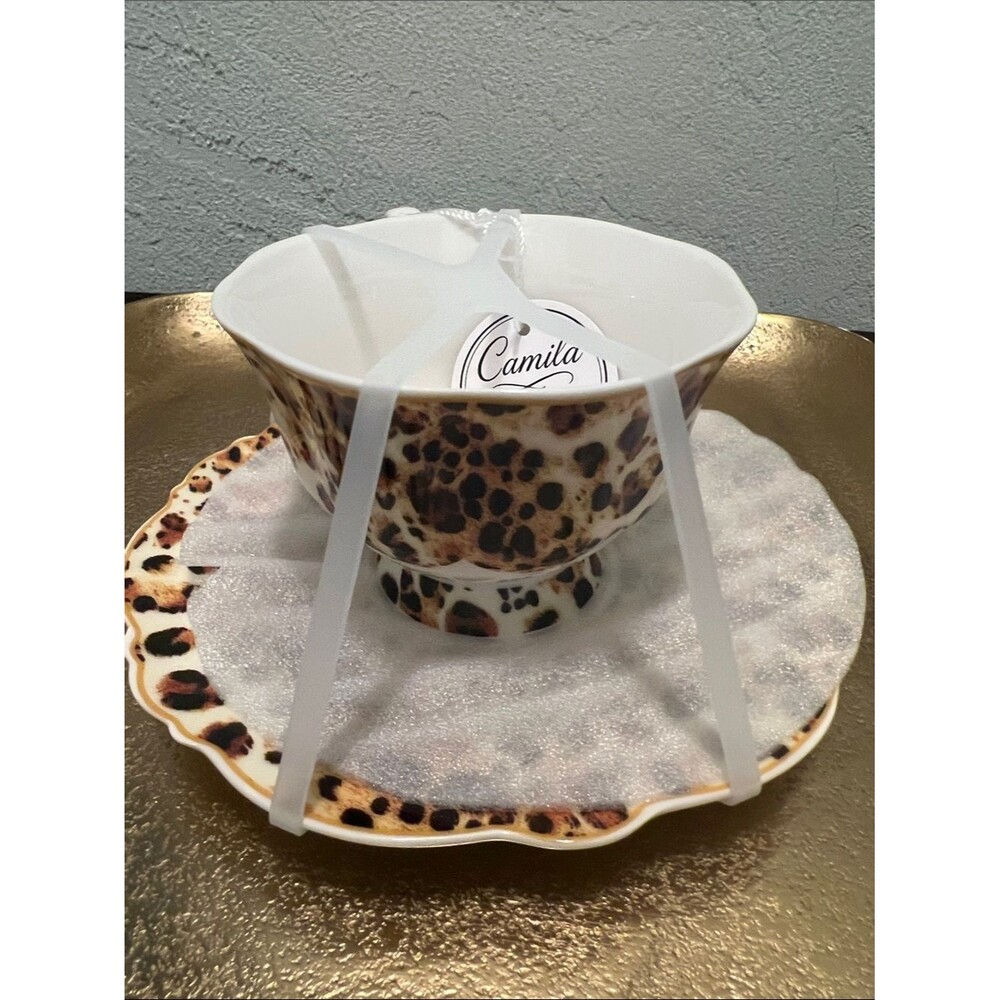Camilla Leopard Print Teacup and Saucer Set - White Interior